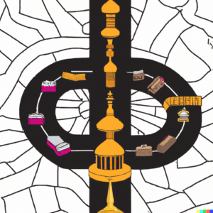 un parcours fléché avec plusieurs étapes avec la kaaba en fond d'image